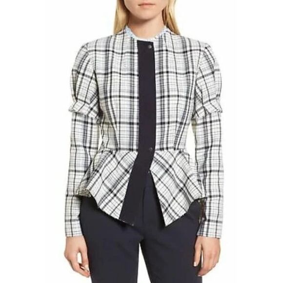 LEWIT Check plaid virgin wool raw edge peplum blazer jacket Sz M - Picture 1 of 11